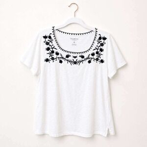 Talbots Embroidered Tee Women 1XP‎ White Navy Blue Floral Short Sleeve Cotton